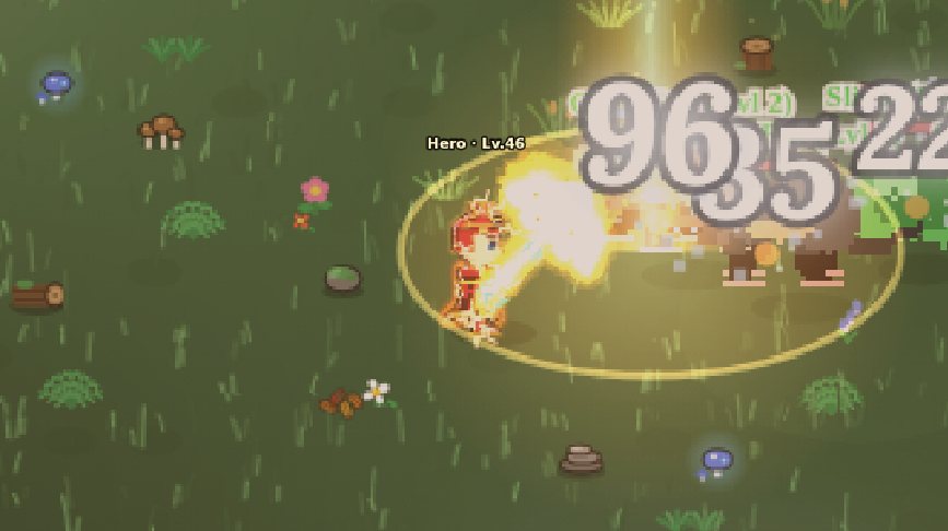 Hero casting a sky beam that scorches a line of monsters