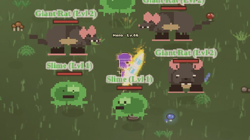 Hero fighting a group of monsters with a one-handed sword and twin crescents