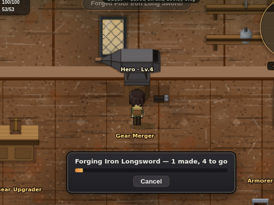 Hero forging a sword at an anvil