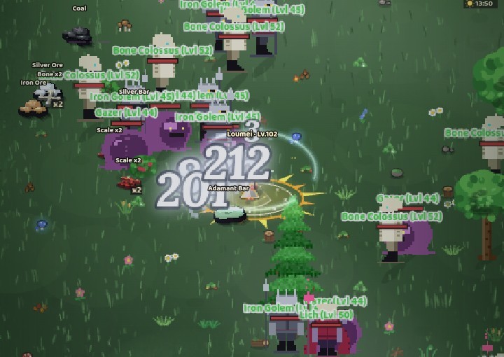 Hero fighting a horde in melee with huge damage numbers
