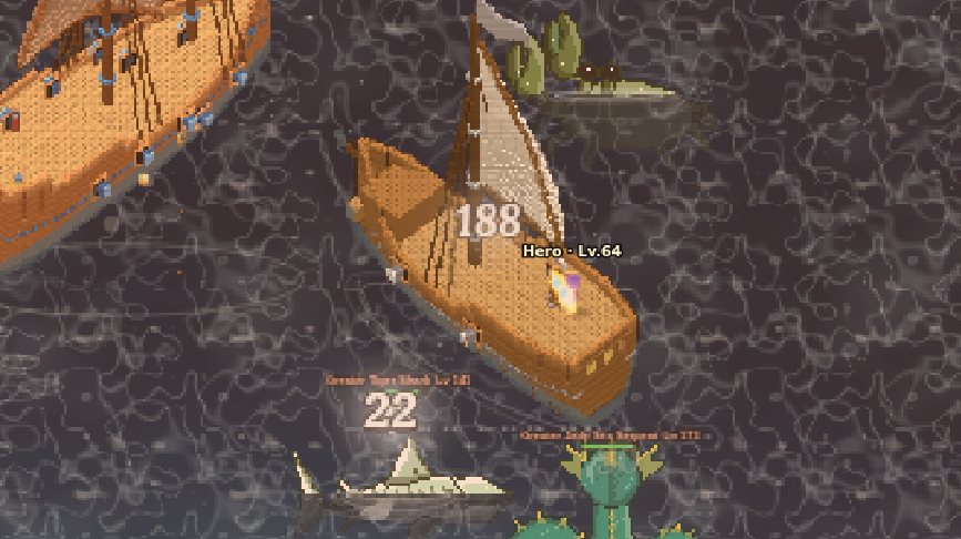Hero's ship fighting a shark and a sea serpent