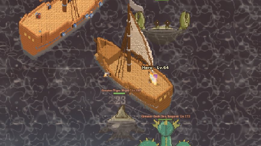 Hero's ship in open water with sea creatures and a warship