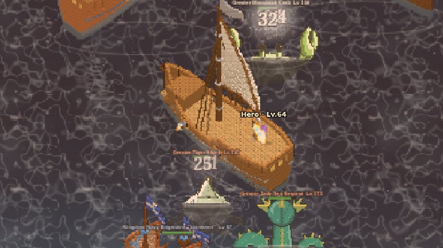 Hero's ship surrounded by sea creatures