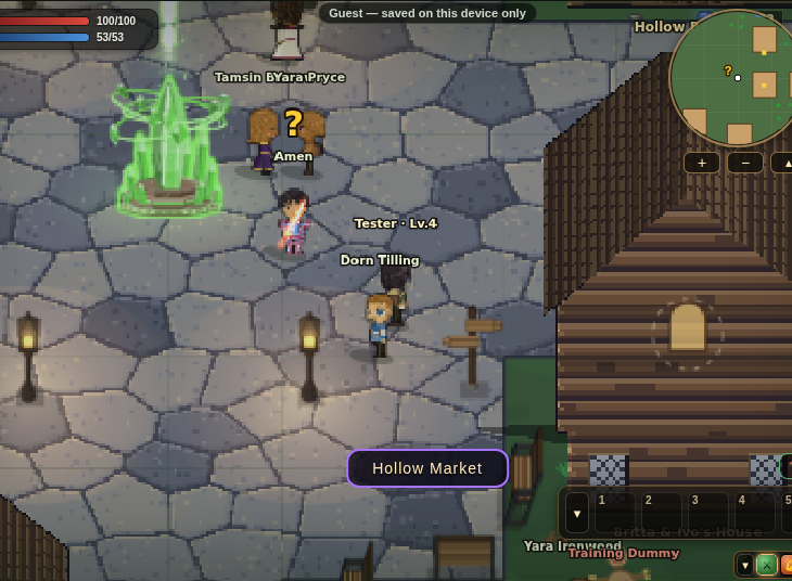 Hollow Market, a cobbled town square with a glowing green crystal