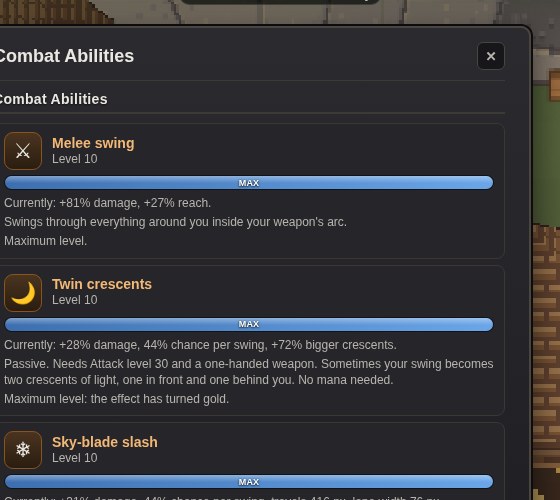 Combat abilities screen with twin crescents and sky-blade slash