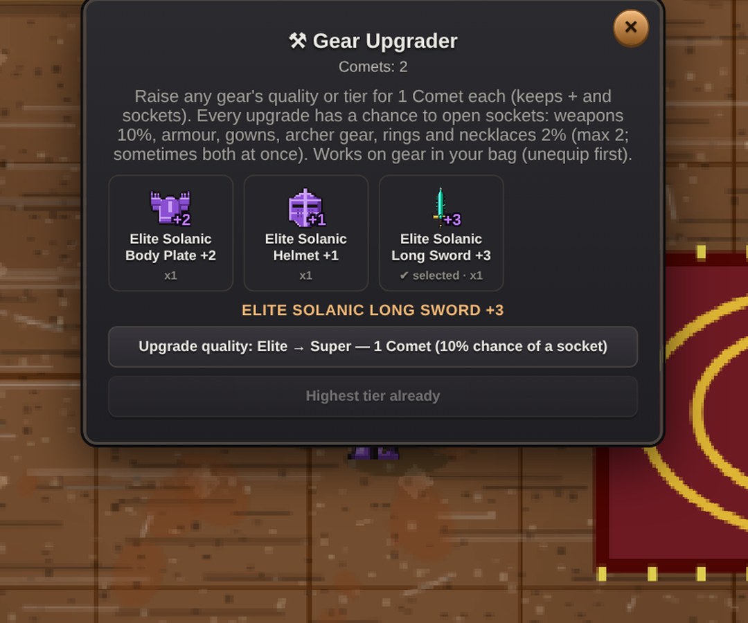 Gear Upgrader raising a long sword from Normal to Elite quality