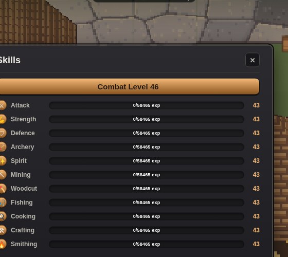 Skills screen showing every skill at level 43