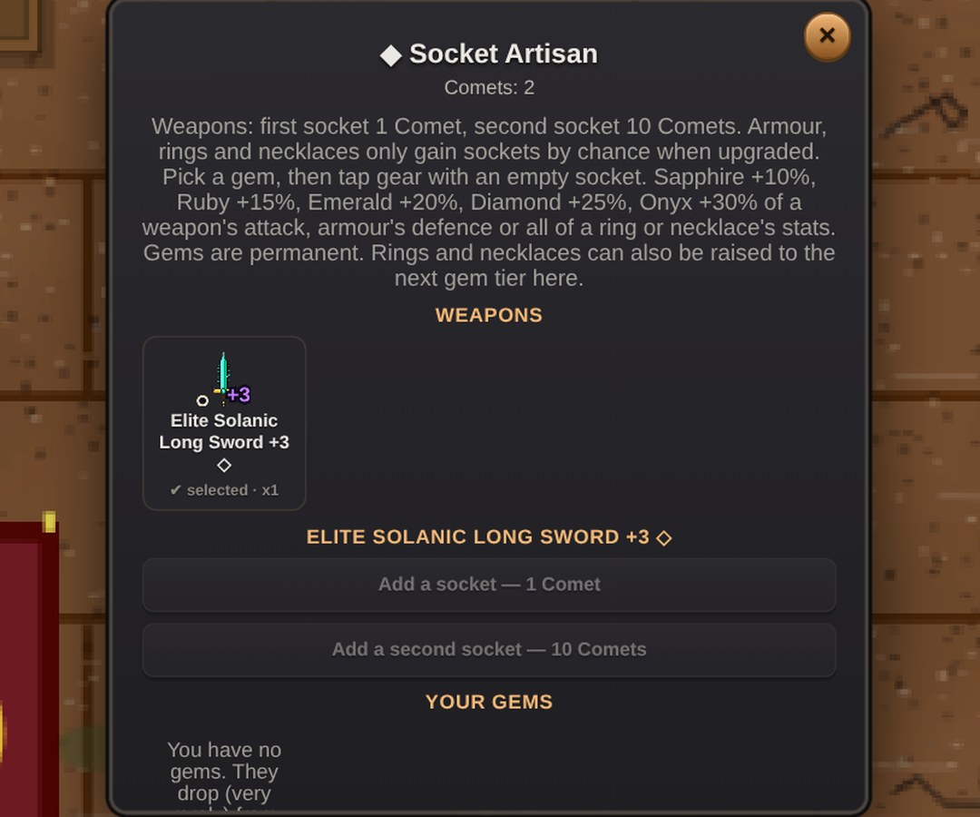 Socket Artisan adding a socket to an Elite long sword